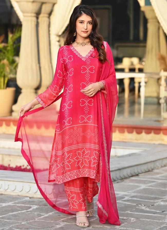 Chinnon Silk Pink Festival Wear Embroidery Work Readymade Kurti Set